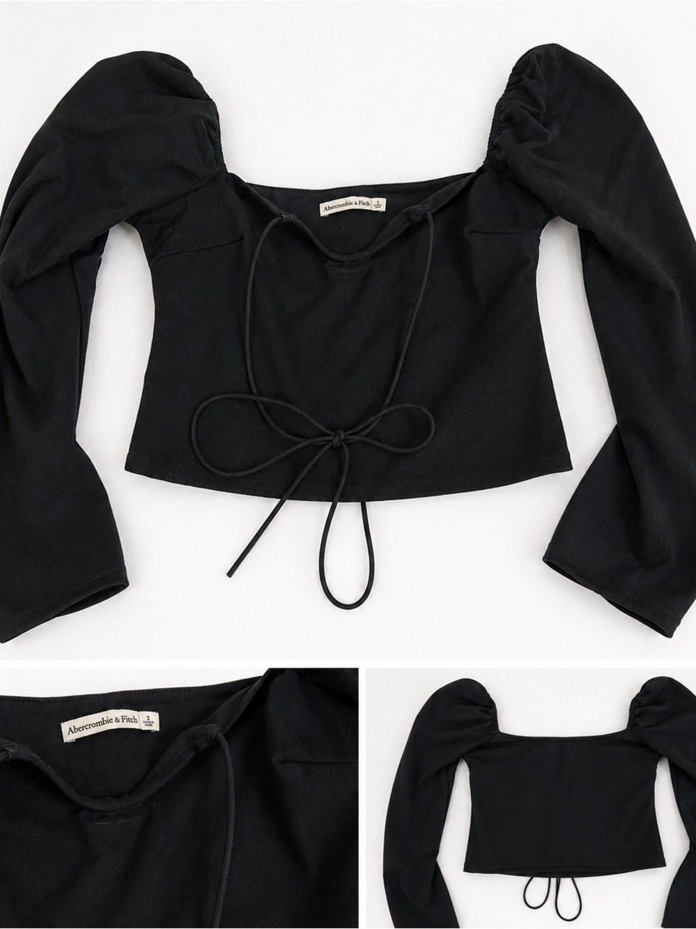 Abercrombie & Fitch Black Puff Sleeve Tie Front Top | Romantic Going Out Blouse